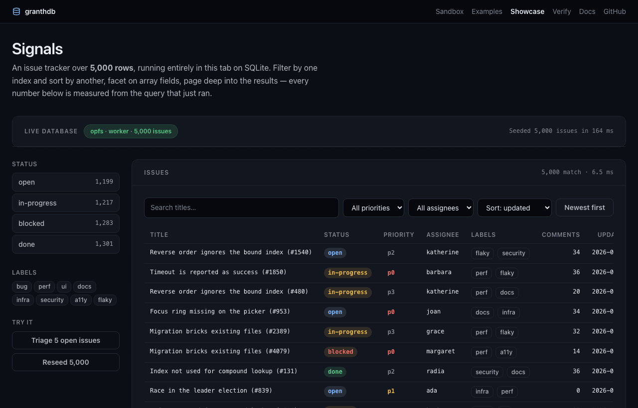 granthdb: SQLite in the browser, behind a Dexie-compatible API